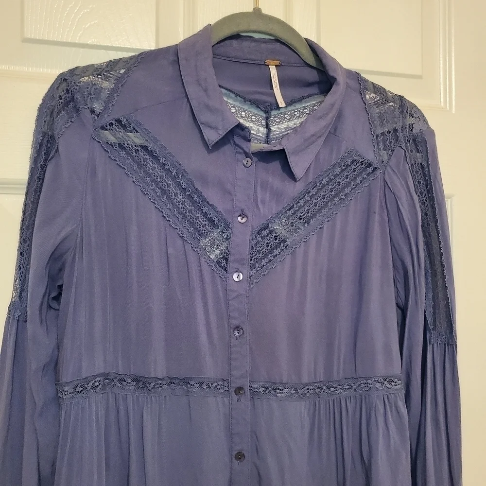 Free People Wild Wind Lace Button Down Shirt Sz S